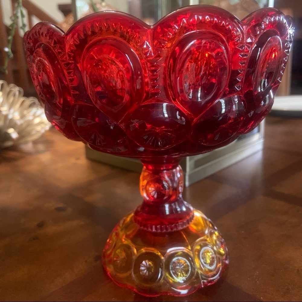 Vintage Mid Century Modern Moon & Stars Red Amberina Glass Round Pedestal Bowl - Picture 2 of 11